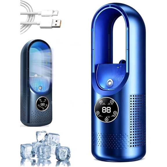 6-Speed Bladeless Electric Fan with Light and 7-Color Light, Ice Mist Refrigeration Fan with 100ml Water Tank, Timing Function, USB Powered for Personal Bedroom Home Office (Blue)