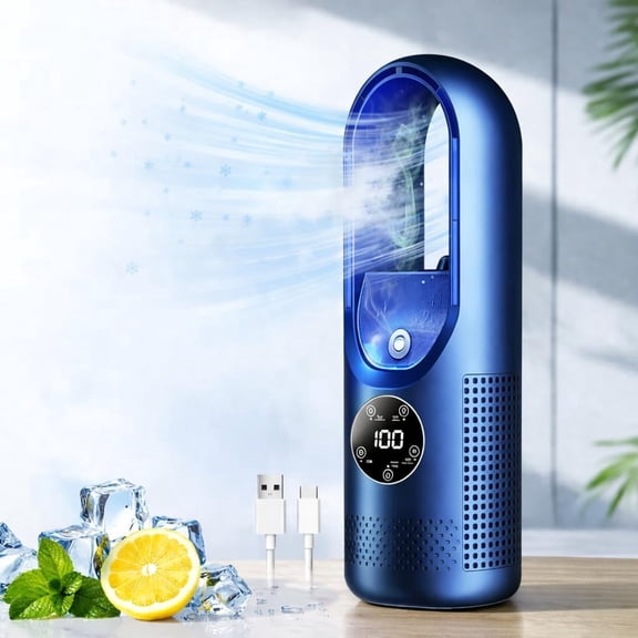 JEBTBFZE 6-Speed Bladeless Electric Fan with 7-Color Light & 100ml Water Tank, Portable Desktop Personal Cooler for Bedroom Office Dorm (Blue)