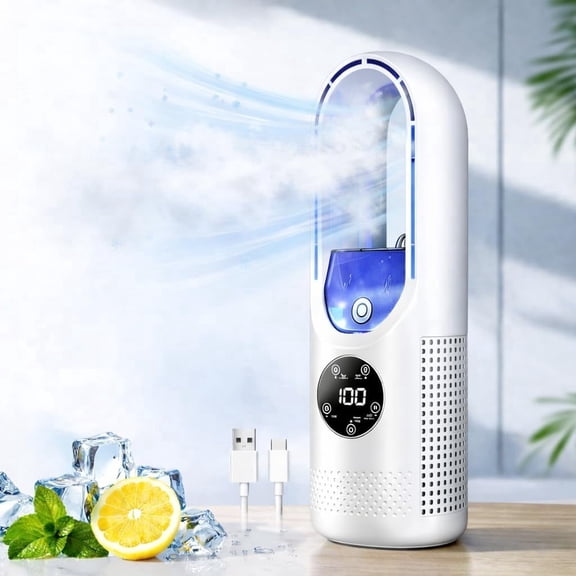 JEBTBFZE 6-Speed Bladeless Electric Fan with 7-Color Light & 100ml Water Tank, Portable Desktop Personal Cooler for Bedroom Office Dorm (White)