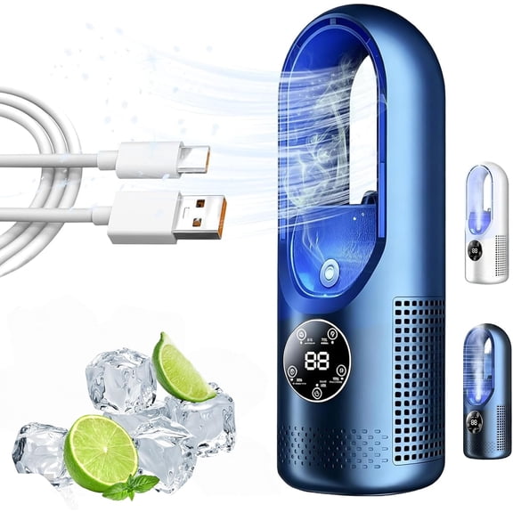 6-Speed Bladeless Electric Fan with Light, Portable Desktop Cooling Fan, Bladeless Desk Fan Small Quiet, 7-Color Night Light & Timer, USB Rechargeable for Personal Bedroom Home Office (Blue)