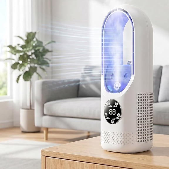 6-Speed Bladeless Electric Fan with Light, Portable Desktop Misting Tower Cooler with Remote Control, Quiet Oscillating Water Cooling Air Humidifier for Bedroom Office Room and Home