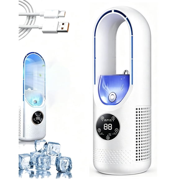 6-Speed Bladeless Electric Fan with Light, Quiet Desk Bladeless Fans with Timer and Mist Function, Small Quiet Table Fan for Personal Bedroom Home Office Desktop