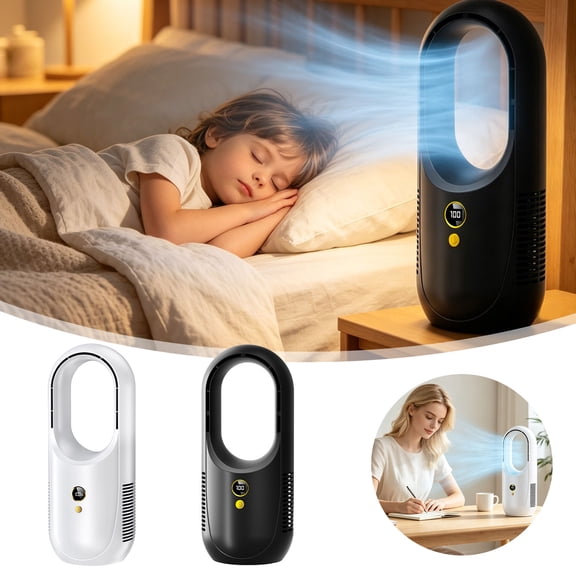 6-Speed Bladeless Tower Fan with LED Light, Type-C Rechargeable 2000mAh Quiet Oscillating Portable Cooling Fan for Home Bedroom Dorm