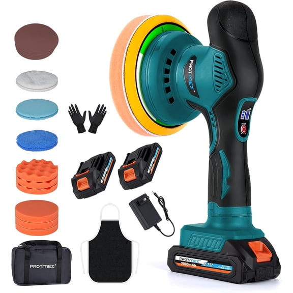 6 Speed Cordless Orbital Car Buffer Polisher 21V Rechargeable Car Wax Buffer Polishing Machine Dual Battery 18 Pcs Attachments for Car Paint Correction