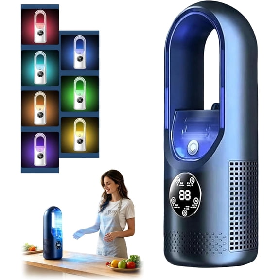 6-Speed Rechargeable Bladeless Desk Fan With 7-Color LED Lights, Quiet Gentle Airflow Portable Cooling Fan For Bedroom, Office & Travel Use (Blue)