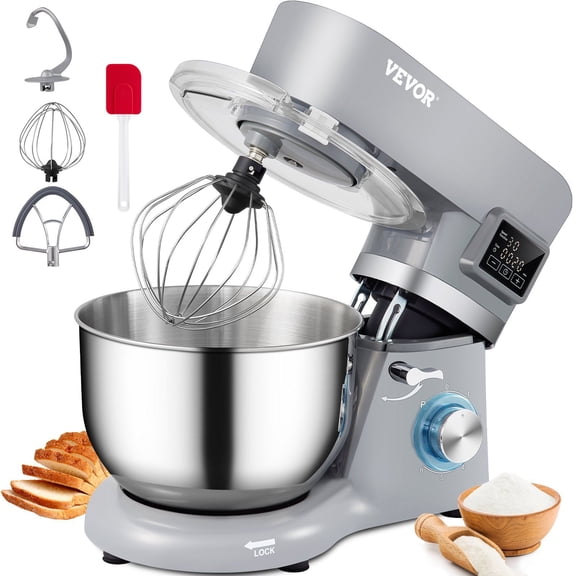 6-Speed Tilt-Head Stand Mixer with 5.8 Qt Bowl, 660W Motor, LCD Timer, Dough Hook, Beater, Whisk & Splash Cover - Gray