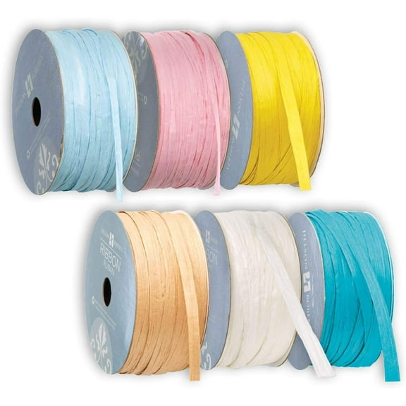 6 Spool-Count 1/4" x 50' Paper Raffia Ribbon Available in 3 Different Assortments, Pretty Pastels