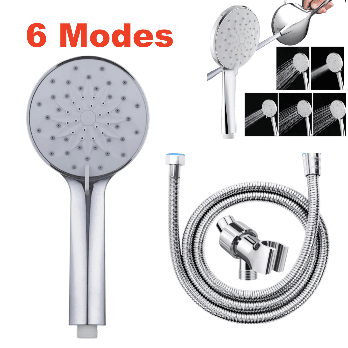6 Spray Modes Handheld Shower Head, ABS Chrome Finish with 59 Inch Stainless Steel Hose & 360° Adjustable Bracket, G1/2 Universal Connector