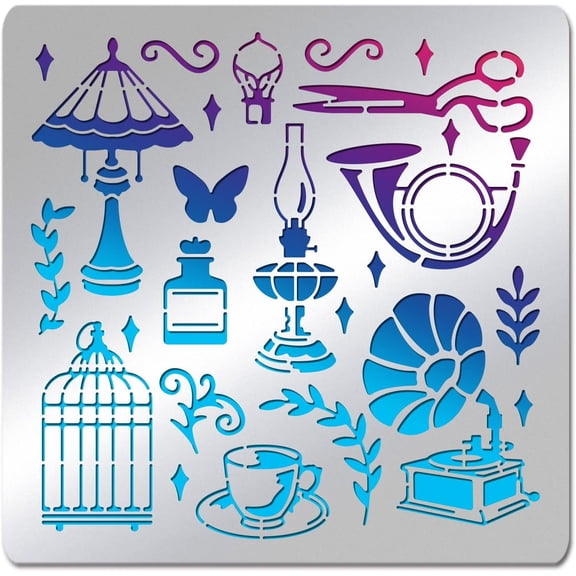 6" Square Retro Theme Stainless Steel Stencil Table Lamp Birdcage Gramophone Vintage Style Pattern Metal Journal Notebook Template