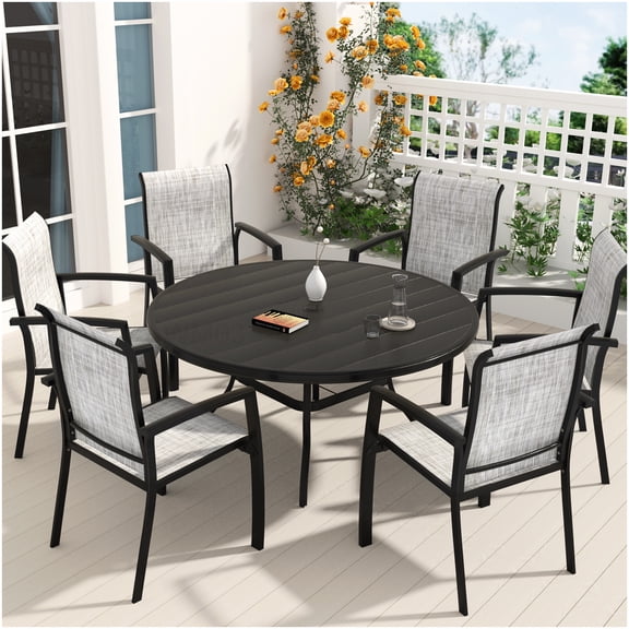 6 Stackable Chairs and Round Table Patio Set, 7-PC Outdoor Dining Furniture for Garden, Poolside, Deck