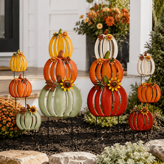 6 Stacked Metal Pumpkin Yard Stakes, 12.48in Fall Outdoor Garden Decor for Thanksgiving