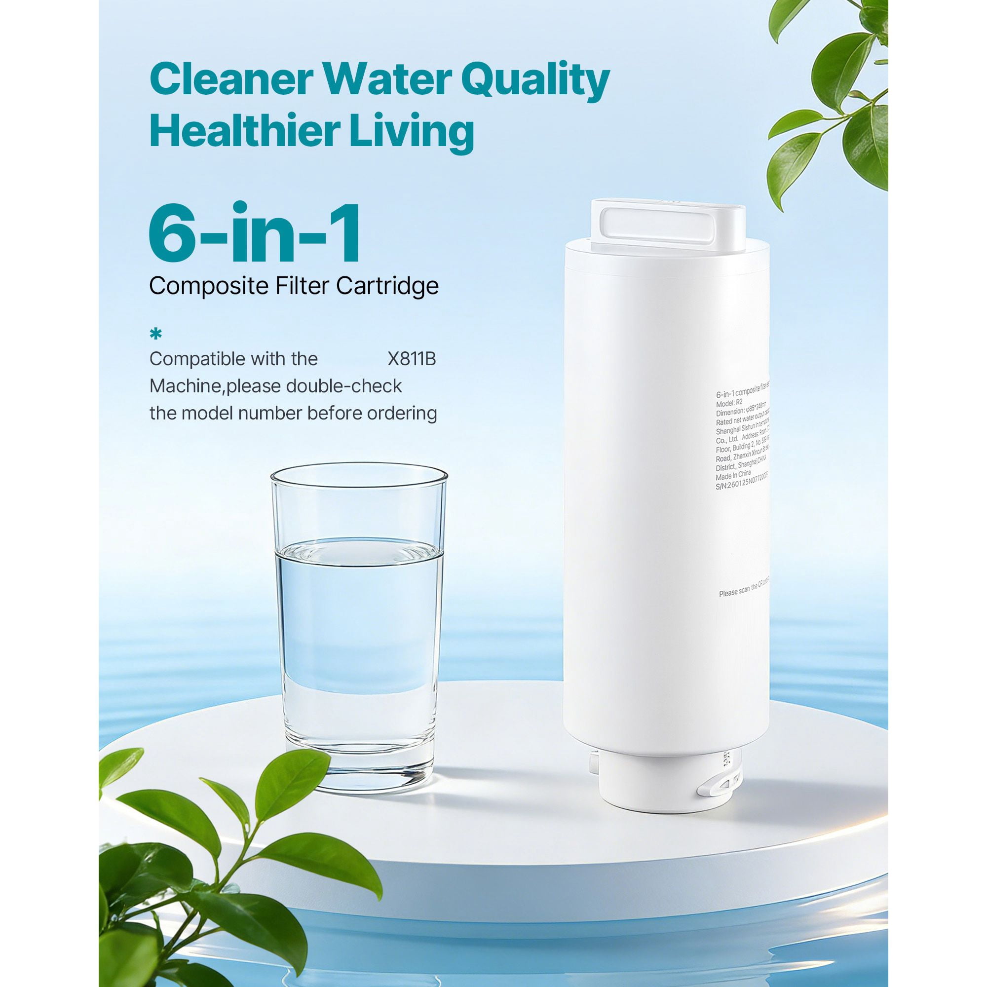 6-Stage Reverse Osmosis Replacement Filter, RO Composite Cartridge with Carbon Block and PP Cotton, Reduces Chlorine and Scale, Compatible with X811B Ice Maker Water Dispenser