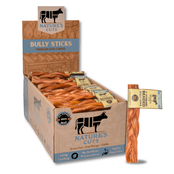 6" Braided Standard Bully Sticks Display Box (60 ct) with Individual UPC Tags - 100% All Natural Beef