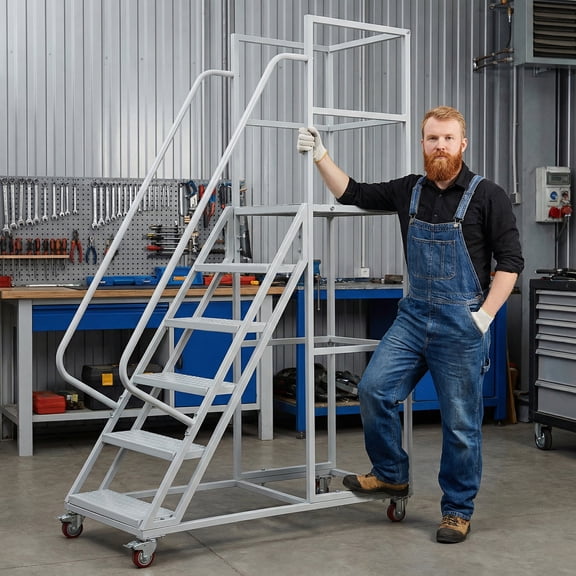 Hemoton Warehouse Rolling Ladder 6 Step Platform with Wheels and Antislip Tread White
