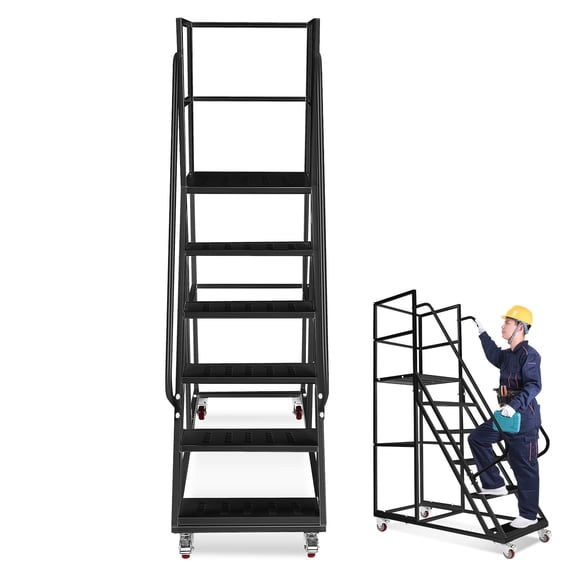 Hemoton Industrial Rolling Ladder Carbon Steel Black Non-Slip Platform