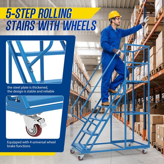 6 Step Carbon Steel Rolling Ladder, 23" W Perforated Step, Dual Handrails, 51"H Platform, 1213Lbs Capacity