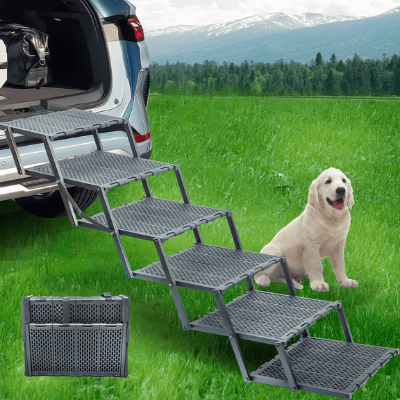 Asotewt 6-Step Foldable Anti-Slip Pet Car Stairs - Height-Adjustable for Cars/Trucks/SUVs, Metal Frame, Easy-Clean, Joint Protection