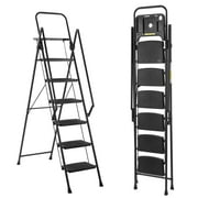 6 Step Folding Ladder, Heavy-Duty Steel Step Stool with Tool Tray, Non-Slip Pedals & Handrails, 500lbs Capacity, Portable for Indoor/Outdoor Use