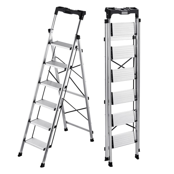 6 Step Folding Ladder Stool with Wide Anti Slip Pedal Comfort Handgrip 330 lbs Capacity Portable Aluminum Stepladder Multi Use for Kitchen Warehouse Household Office Silver