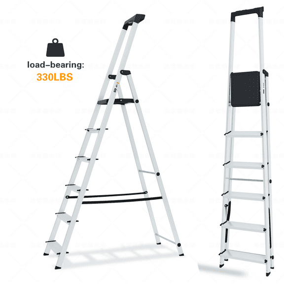6-Step Folding Step Ladder Heavy Duty 330lbs Anti-Slip Steps Handrail Aluminum Ladder with Tool Tray