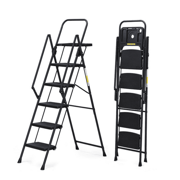 6 Step Folding Step Ladder with Anti-Slip Pedals & Detachable Tool Tray, Lightweight Steel Step Stool for Home, Kitchen & Outdoor Use, Black