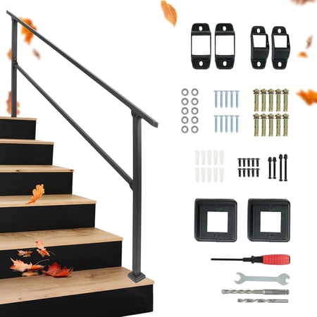 6-Step Handrails for Outdoor Steps, HandRail Fit 5 or 6 Steps Outdoor Stair Railing Deck Handrail Black Wrought Iron Hand Rails Kit