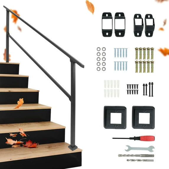 6-Step Handrails for Outdoor Steps, HandRail Fit 5 or 6 Steps Outdoor Stair Railing Deck Handrail Black Wrought Iron Hand Rails Kit