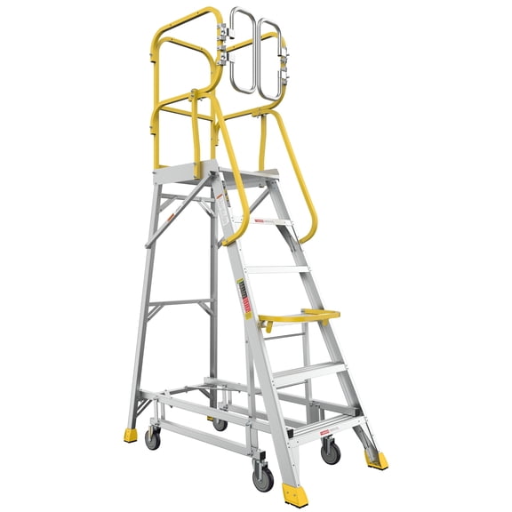 6 Step Heavy-Duty Safety Aluminum Rolling Platform Ladder, 375 lbs Capacity, 20"x 24" Work Platform with 360 ° Guardrail System, Industrial & Warehouse Ladder