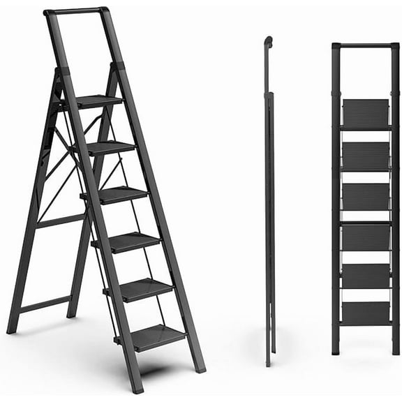 Soladder 6 Step Black Ladder 12 feet High, Portable Foldable Lightweight Aluminum Stepladder for Kitchen, HomeModern Minimalist StyleElegance