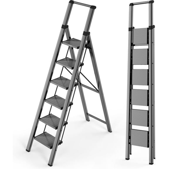 6 Step Ladder for 12 Feet High Ceiling, Lightweight Foldable Ladder with Non-Slip Wide Pedals, Stepladder with Safe Handrail, Space Saving for Home, Kitchen, Indoor & Outdoor 300lbs - Black
