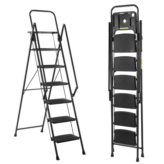 6 Step Ladder Foldable Step Stool with Tool Tray, Anti-Slip Wide Pedals, Sturdy Steel Folding Stepladder, Lightweight Portable Step Stool for Home Kitchen Office High Ceiling