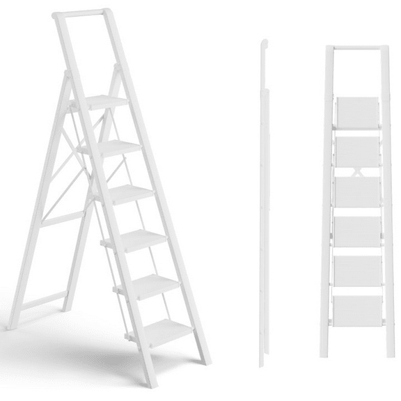 Folding 6 Step Ladder with Handgrip and Anti-Slip Wide Pedal, Portable Lightweight Aluminum Step Stool for Kitchen, Home, Library, Office (300 lbs Capacity) - White