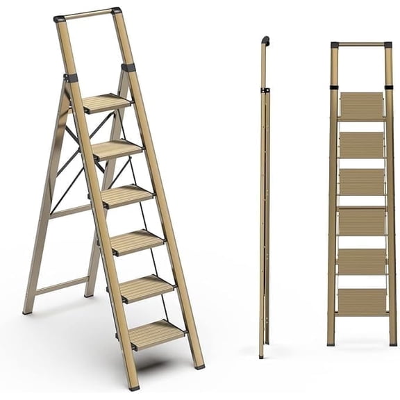 Folding 6 Step Ladder with Handgrip and Anti-Slip Wide Pedal, Portable Lightweight Aluminum Stepladder for Kitchen, Home(300 lbs Capacity) - Gold