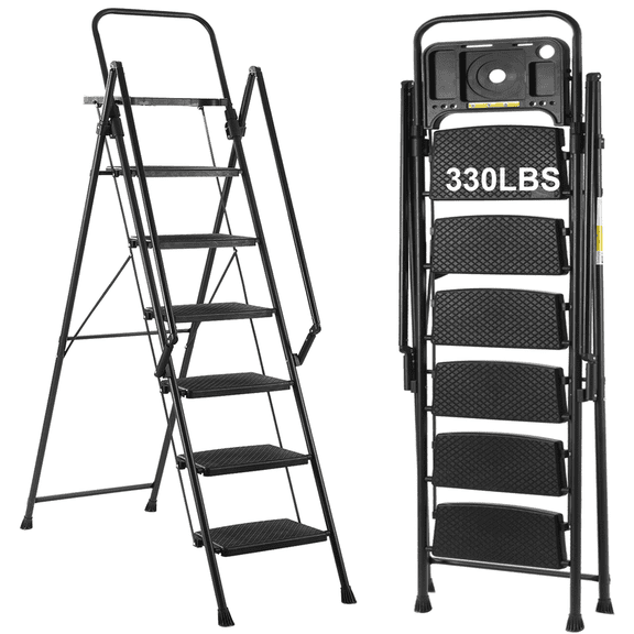 6 Step Ladder Folding Step Stool with Handrail & Tool Platform, Up to 77.95", Easy to Fold Storage, 330LBS Max Load, Lightweight, Anti-Slip Textured Wide Pedal, Home Kitchen Garden Indoor Outdoor