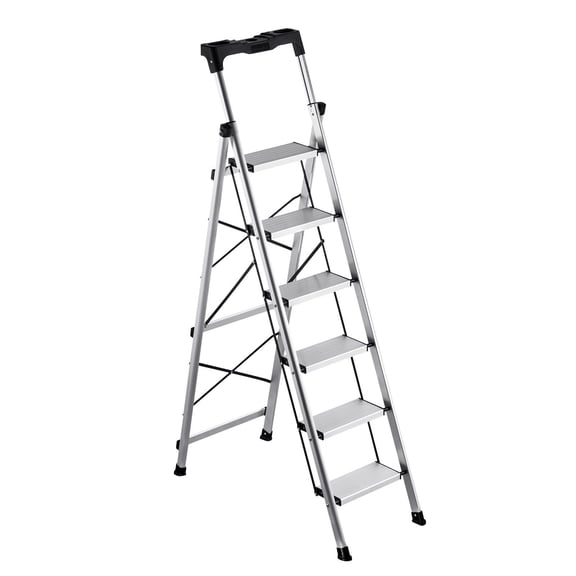 6 Step Ladder, Folding Step Stool with Wide Anti-Slip Pedal and Comfort Handgrip, 330 lbs Capacity Portable Aluminum Stepladder, Multi-Use for Kitchen, Warehouse, Household and Office, Silver