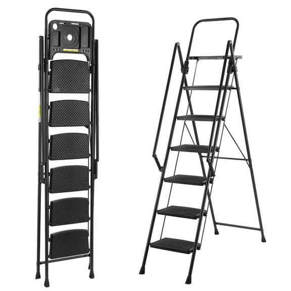 6 Step Ladder Portable Non-Slip Steel Folding Step Stool with Detachable Tool Tray for Home Use and Easy Climbing