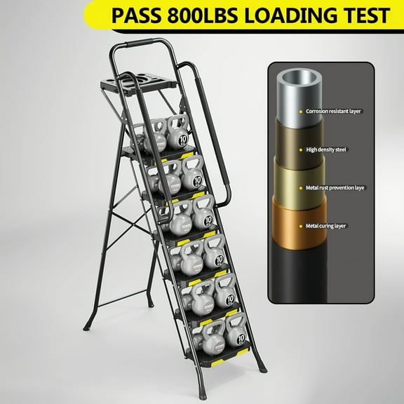 6 Step Ladder with Tool Platform - Folding Step Stool, Sturdy Steel with Handrails & Wide Pedal, 800 LBS Portable Safety Ladder for Adults Home/Outdoor/Garage/Painting