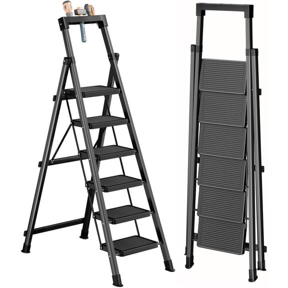 6 Step Ladder with Platform,Heavy Duty Folding Step Stool No Assembly