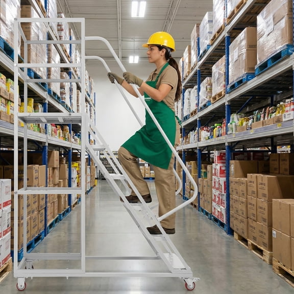 6 Step Mobile Rolling Ladder, Heavy Duty Industrial Work Ladder with Platform, Guardrails and Locking Wheels, 1213 LBS Capacity for Commercial Use - White