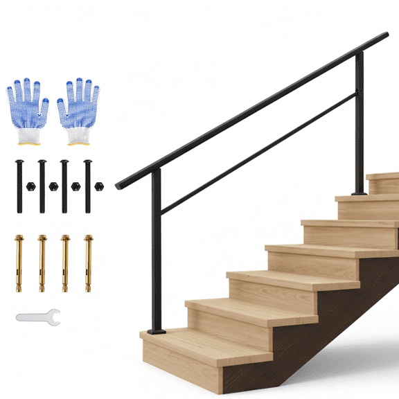 6 Step Outdoor & Indoor Stair Handrail Kit – Black Aluminum Railing with Iron Posts, ADA Compliant Safety Rail, Non-Slip Grip, Easy Installation – Step 6 | 1 Pack | Black | Place a pair of gloves