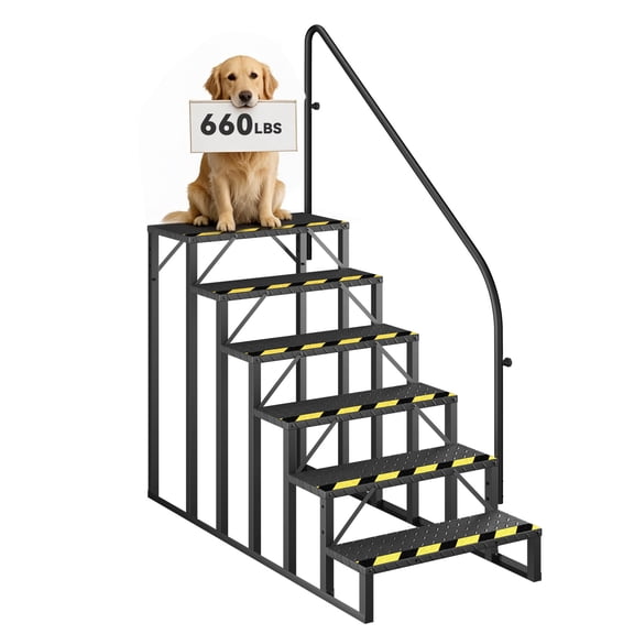 6-Step RV Steps with Handrail, 660 LBS Metal RV Stairs with Armrest Cover, Anti-Slip Hot Tub Steps, Mobile Home Steps for Travel Trailers, Camper, Pool and Porch with Non-Skid Tapes