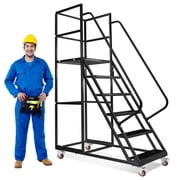 LEDMOMO Industrial Rolling Ladder with Platform and Handrails for Warehouse Use Black Steel