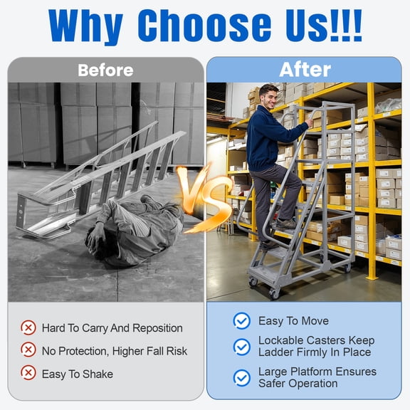 6 Step Rolling Ladder with Handrails, Heavy Duty Rolling Platform Ladder, 1200lbs Capacity, Industrial Anti Slip Mobile Staircase for Warehouse Home Library Use-6 Layers