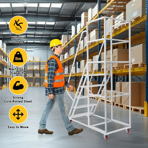 6 Step Rolling Ladder, Mobile Rolling Stairs with Wheels, Heavy Duty Industrial Safety Non-Slip Metal Rolling Ladders, 1213lbs Capacity, for Warehouse, Garage, Supermarket