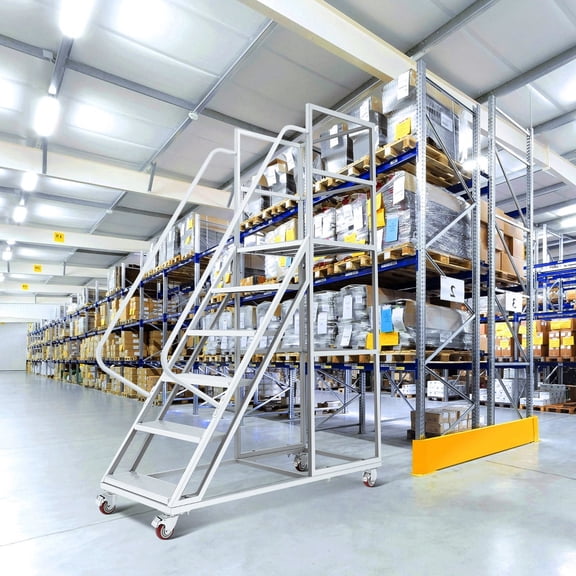 6 Step Rolling Warehouse Ladder, Heavy Duty Industrial Platform Ladder with Guardrails, 1213 LBS Capacity Locking Wheels for Storage and Maintenance - White