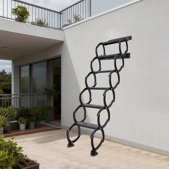 6-Step Wall Mounted Folding Ladder, Black Retractable Telescoping Step Stairs
