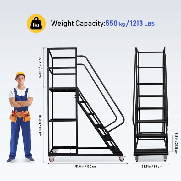 6 Steps Rolling Ladder, Mobile Platform Ladders with Handrails, Industrial & Warehouse Non-Slip Stair Ladder, Heavy Duty Step Ladders for Home Library Outdoor, 1213lbs Capacity