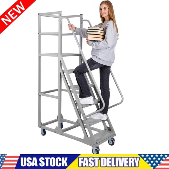 6 Steps Rolling Ladder with Wheels, Heavy Duty Mobile Platform Ladders with Handrails, 1200LBS Capacity, Industrial Anti Slip Step Ladder for Warehouse Home Library Use