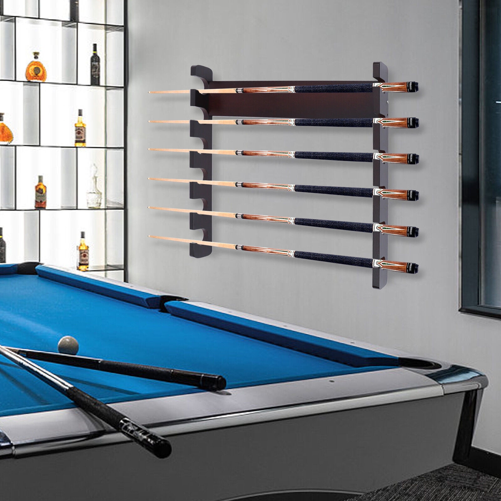 6 Sticks Horizontal Storage Pool Cue Rack Wall Mounted Billiard Cue Holder Rack