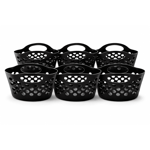 (6) Storage Basket Plastic Organizer Bin Black Oval Container With Handles Perforated Utility Bathroom Kitchen Pantry Shelf Countertop Organizer 12x12x6